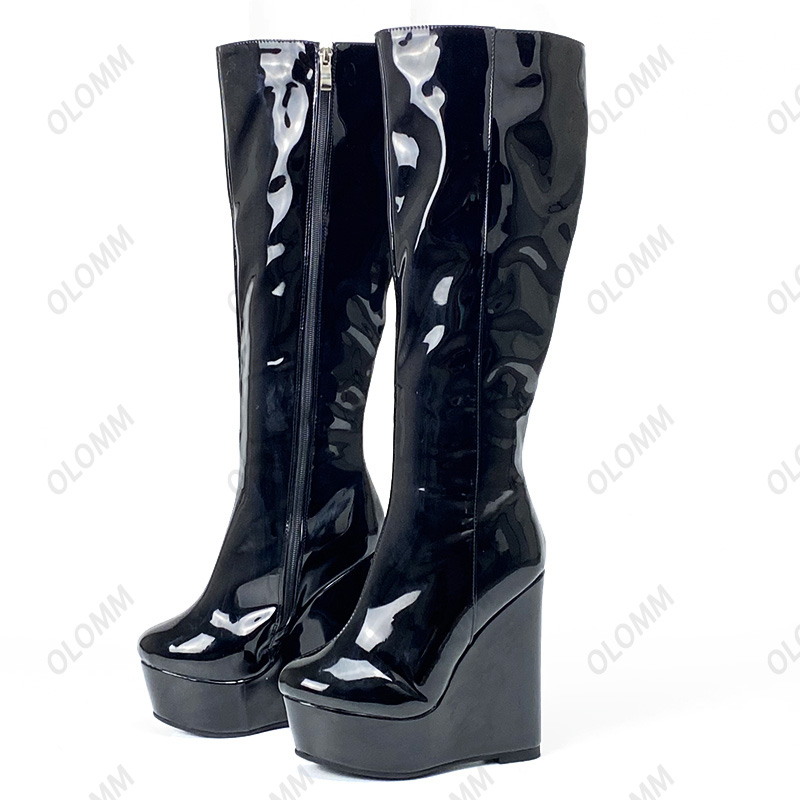 Rontic Handmade Women Winter Knee Boots Patent Leather Side Zipper Wedges Heels Round Toe Red Black Party Shoes Plus US Size 5-20