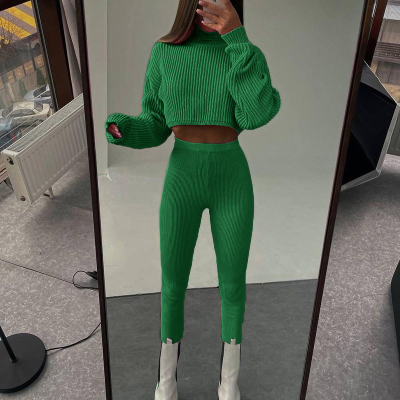 Knitted Suit Women Cropped Long Sleeve Turtleneck Sweater And Elastic Waist Pencil Pant Female Tracksuit Fashion Casual Set 220315