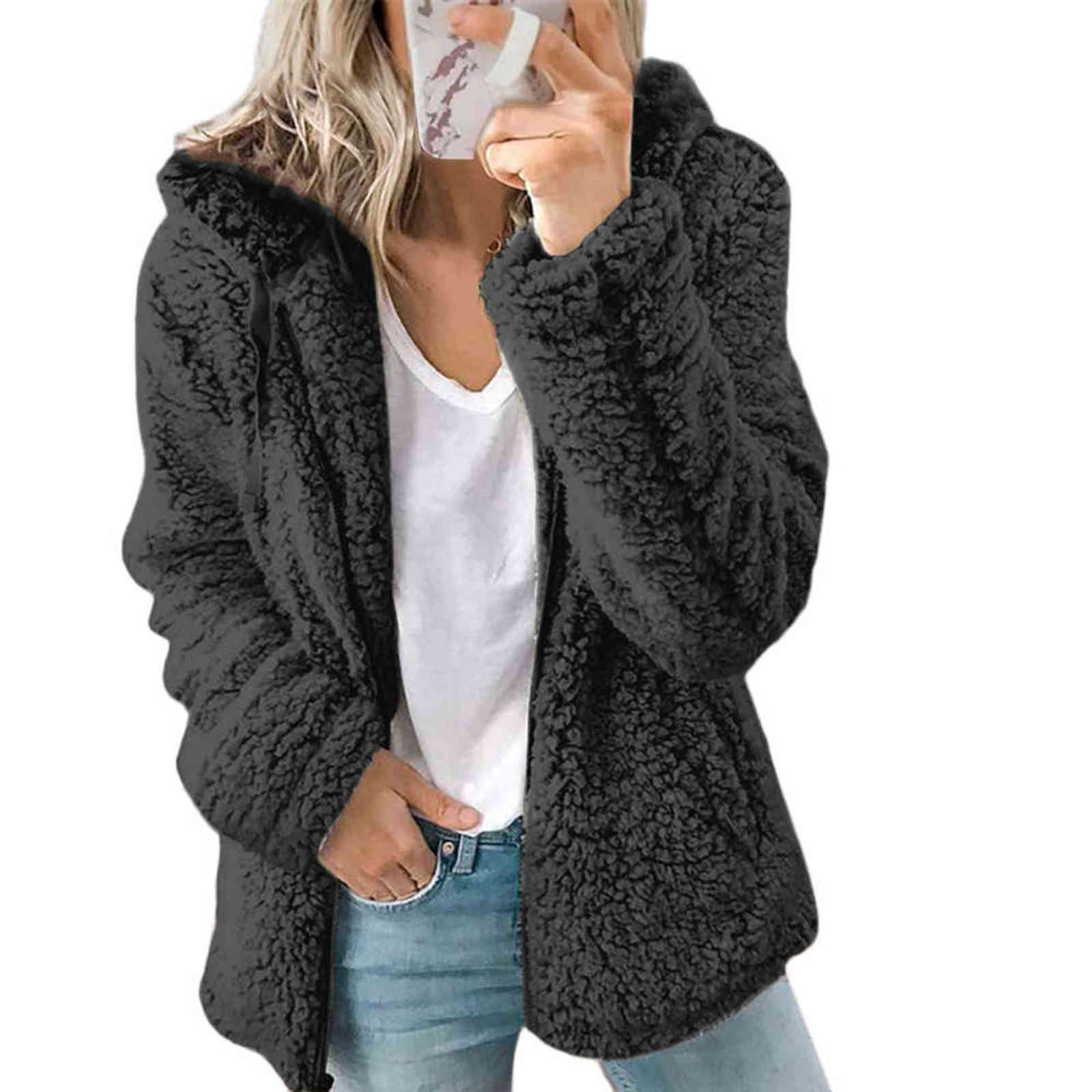Women Autumn Winter Jacket Female Coat Causal Soft Hooded Fleece Plush Warm Plus Size Fur Fluffy Zipper top Sudadera 211123