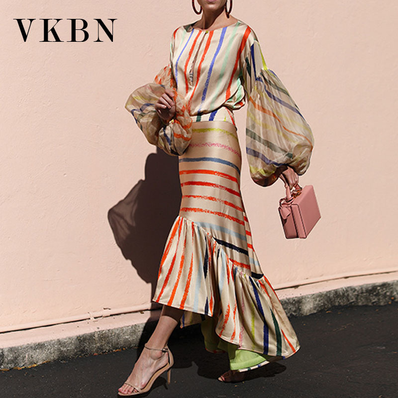 VKBN Summer Two Piece Set Top and Skirt Casual Rainbow Striped Printing Lantern Sleeve O-Neck Party Evening 210507