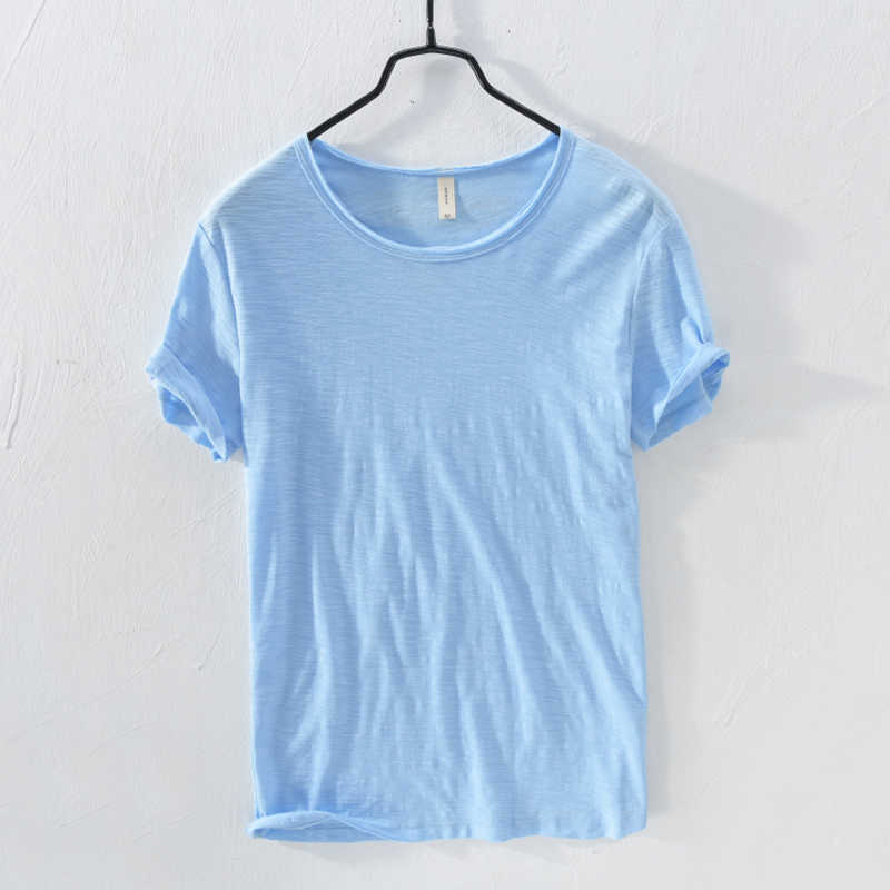 Summer 100% Cotton T-shirt Men O-Neck Solid Color Casual Thin T Shirt Basic Tees Plus Size Short Sleeve Tops Y2450 210601