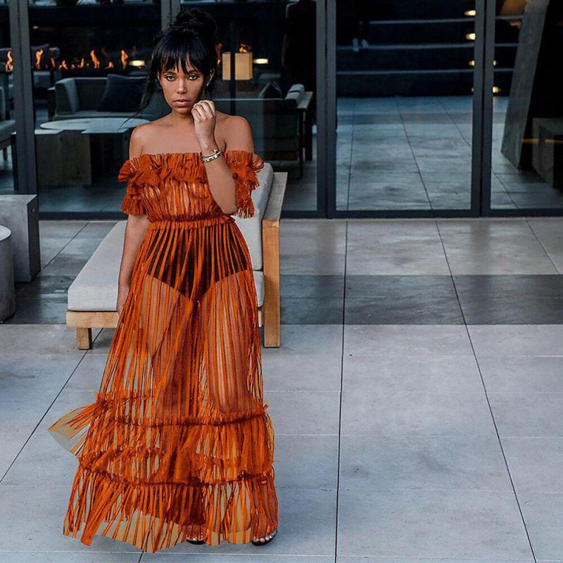 Women Dress Gauze Hollow Out Sexy Slash Neck Off The Shoulder Long Fashion Party es Summer 210524