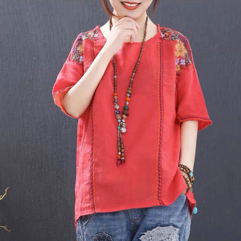 Summer Style Women Tshirt Plus Size Loose Casual Short Sleeve Tee Shirt Femme Cotton flower Embroidery Vintage Tops Big HX5 210512