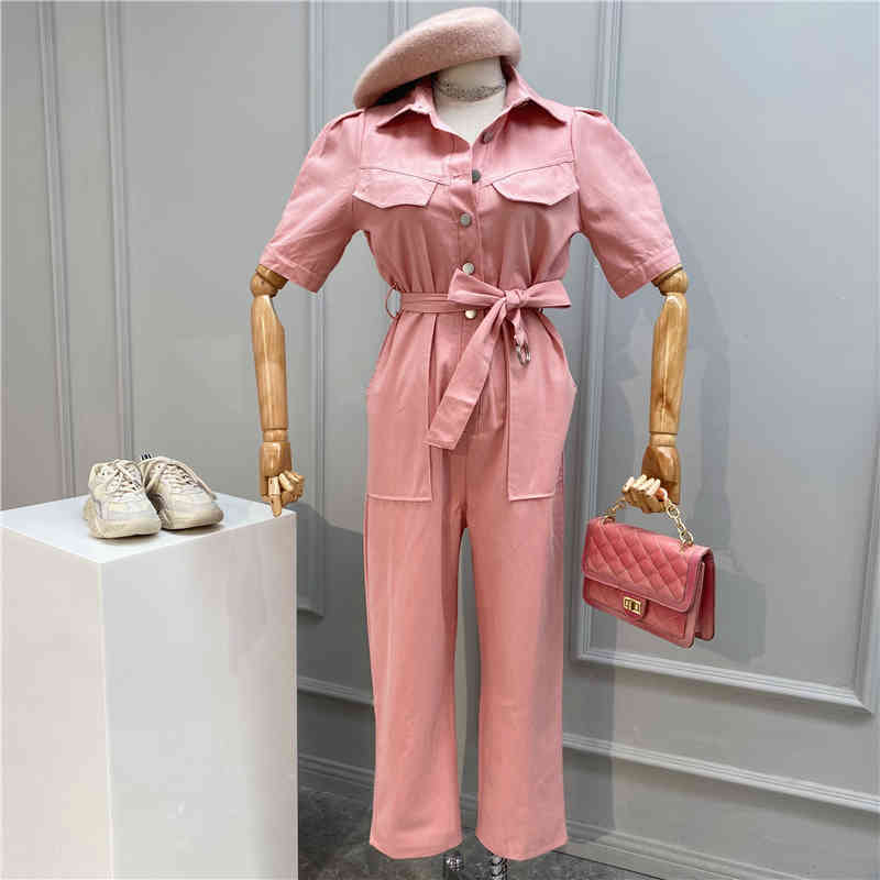 Sexy Denim Jumpsuit Women Romper Long Sleeve Belt Pink/White Summer Jeans Female Streetwear Overalls 210506