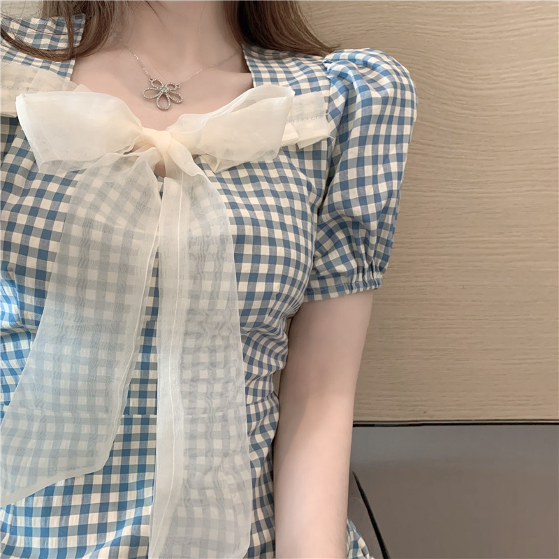 Summer Women Bowknot Plaid High Waist Dress Korean Fashion Elegant Casual Sweet Mini Vestido 210519