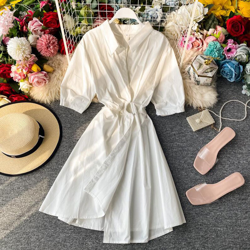 Summer Women Shirt Dress Korean Solid Short sleeve Slim irregular A-line Party Dress Elegant Knee-length dresses 210521
