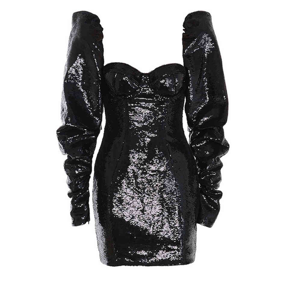 Winter Women Mini Dress Sexy Backless Lantern Long Sleeve Sequin Bodycon Elegant Celebrity Club Vestidos 210524