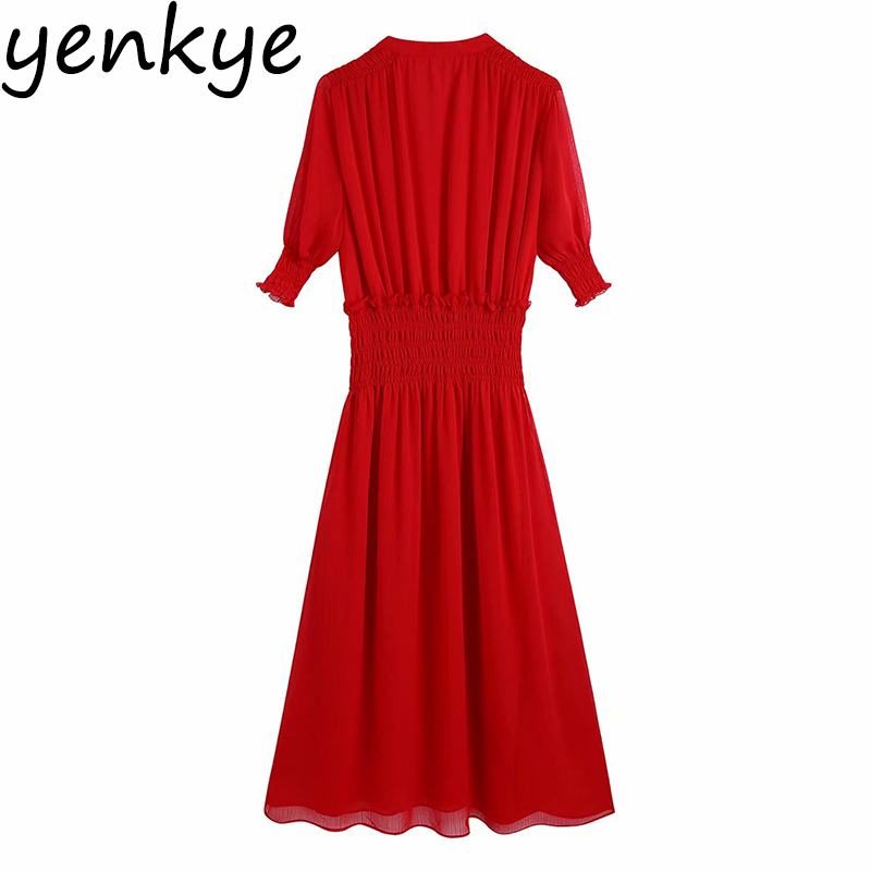 Spring Women Elastic Waist Red Dress Female Short Sleeve V Neck A-line Chiffon Long Party vestido 210430