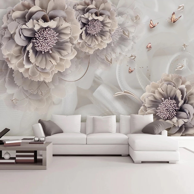 Custom 3D Wallpaper Peony Flower Butterfly Jewelry 3D Relief Painting Mural Living Room Sofa TV Background Wall