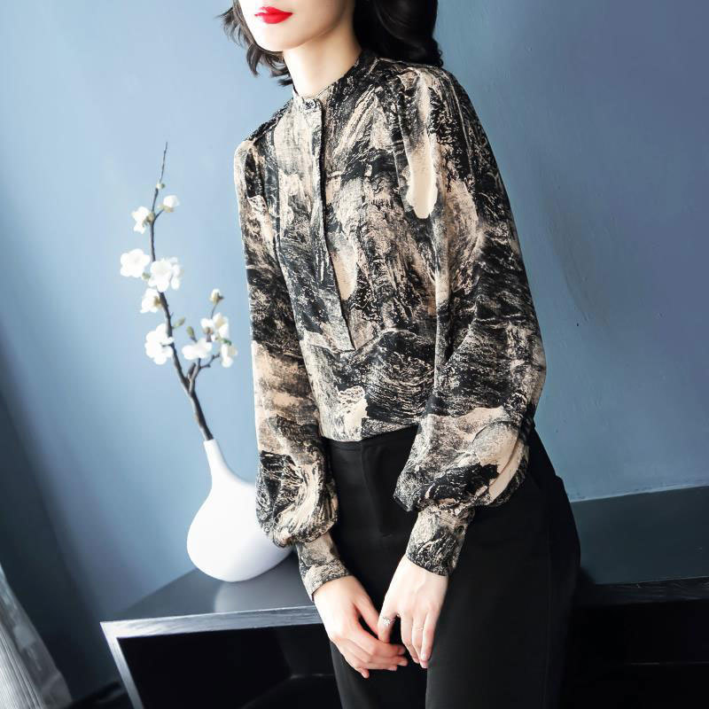 Spring Fashion Women Shirt Plus Size Loose Lantern Sleeve Chiffon Blouse Vintage ink painting Shirts Ladies Tops Clothes D80 210512