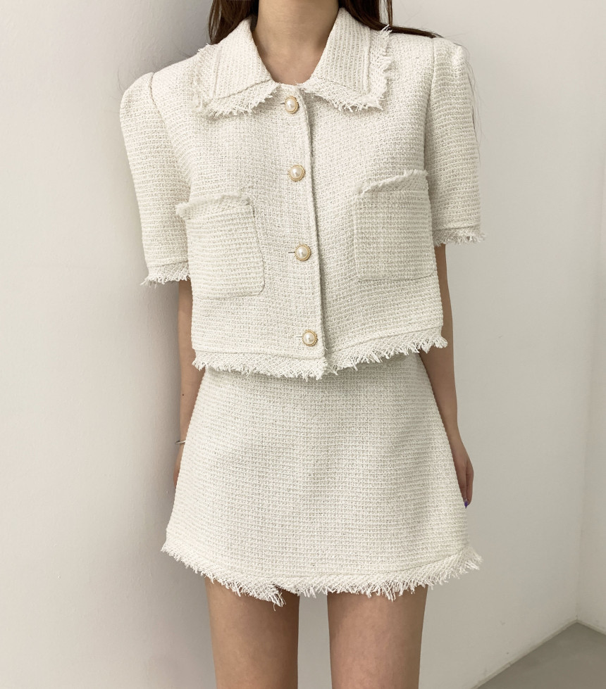 Elegant 2 Piece Sets Vintage Fashion Tweed Single-Breasted Tassel Crop Top + High Waist A-line Mini Skirts Women Clothes 210518