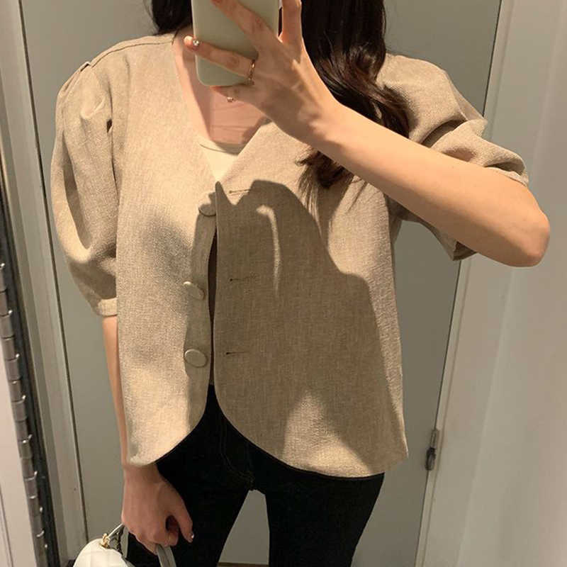 Korejpaa Women Shirt Summer Korean Chic Minimalist Temperament V-Neck Three Buttons Loose Solid Color Puff Sleeve Blouses 210526
