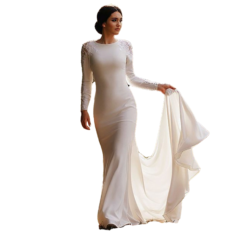 Simple Soft Satin Mermaid Wedding Dresses Long Sleeves Lace Appliques Bridal Gown Closed Back Muslim Wedding Party Gowns Robe De Mariee