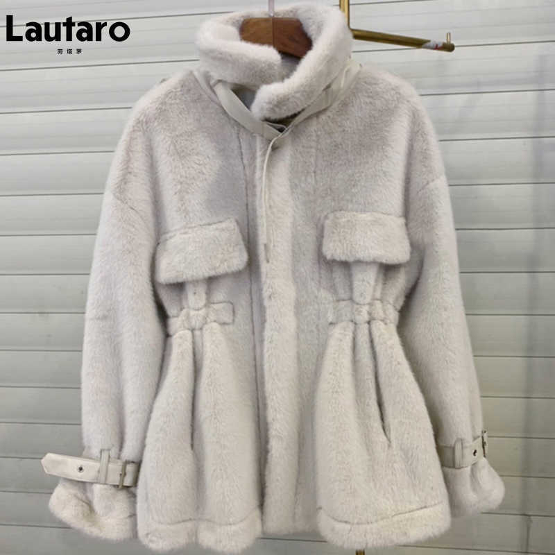 Lautaro Winter Soft Warm Thick Faux Fur Coat Women Drop Shoulder Long Sleeve Zipper Drawstring Fluffy Jacket Korean Fashion 211019