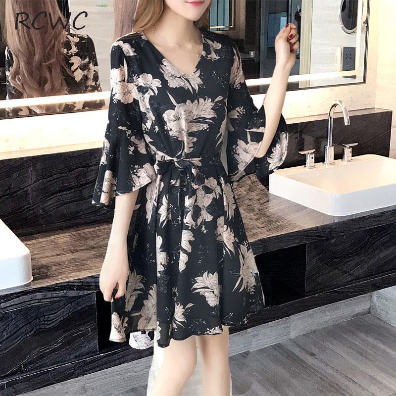 Women Dress 2021 Summer Korean Floral Women's Mid-Length Round Neck Short-Sleeved Skirt Crop Top Casual Dresses