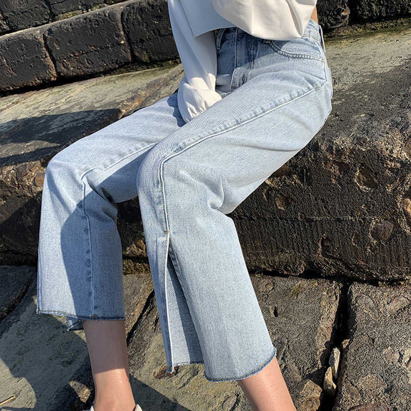 Korean High Waist Straight Jean Plus Size Vintage Boyfriend Mom Split Denim Pants Wide Leg Streetwear 210809