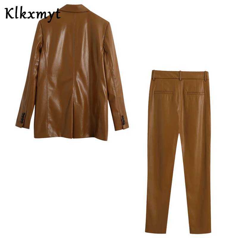 Klkxmyt 2 pieces sets women chic fashion single button pu leather blazers jackets tops and pants trousers set 210527