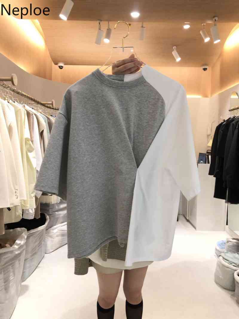 Neploe Korean Tops Summer Women Fashion Clothing O-neck Irregular Shirt Patchwork Contrast Color Tees Loose Casual Tshirt 210422