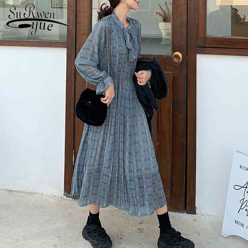 Korean Fashion Women Long Sleeved Print Pleated Dress Vintage Elegant Clothes Spring Lady Chiffon Floral 8538 50 210508