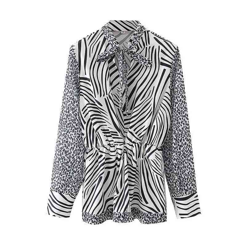 Elegant Women Leopard Patchwork Shirts Fashion Ladies Bow Collar Tops Streetwear Female Chic Zebra-Stripe Blouses 210527