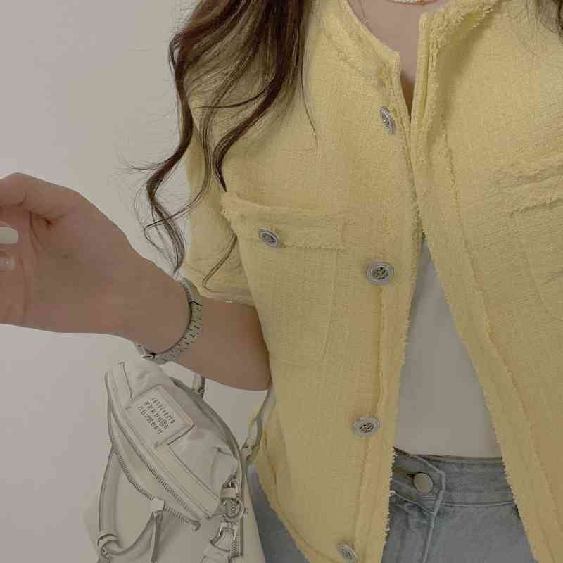 Summer Women Small Fragrance Tweed Short Sleeve Outerwear Chic Single Breasted Korean Casual Jacket Coat Female 210519
