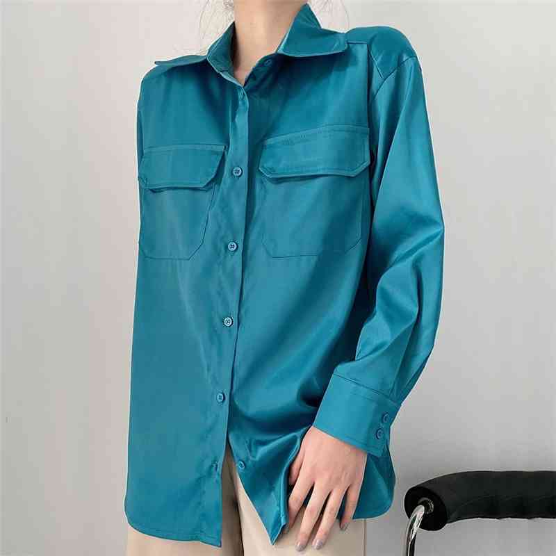 Elegant Women Satin Turn Down Collar Shirts Fashion Ladies Pocket Tops Streetwear Female Chic Button Solid Blouse 210430