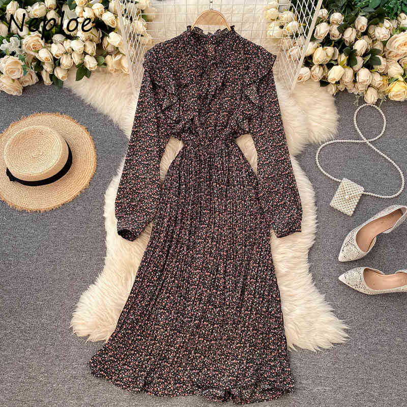 Neploe French Style Chic Flower Print Women Dresses Autumn All-match Vintage Fungus Patchwork Vestidos Tie Collar Slim Fit Dress 210422