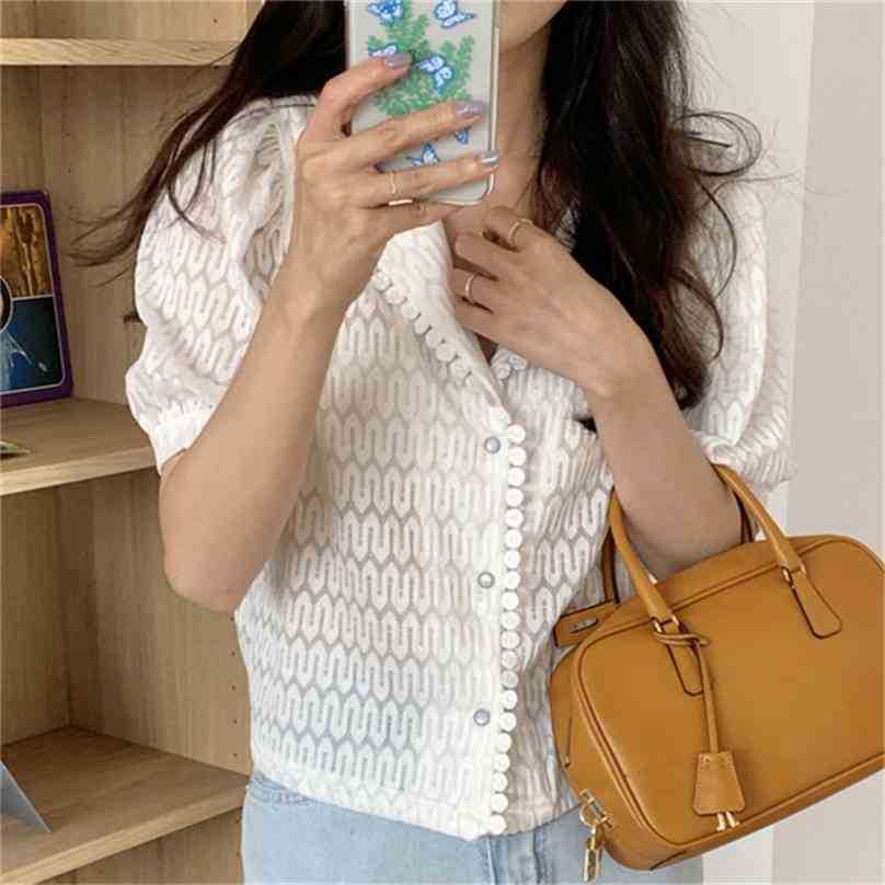Korean Gentle Sexy Girls Summer Light Lapel Shirts Lace Thin All Match Short Sleeves Sweet Slim Blouses Tops 210525, Photo color 
Korean Gentle Sexy Girls Summer Light Lapel Shirts Lace Thin All Match Short Sleeves Sweet Slim Blouses Tops 210525, Photo color