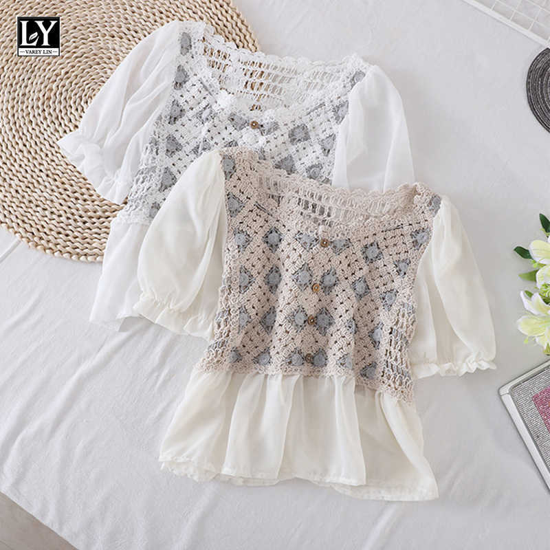 LY VAREY LIN Summer Women Sweet V-neck Lantern Sleeve Female White Shirts Tops Casual Hollow Out Crochet Short Chiffon 210526