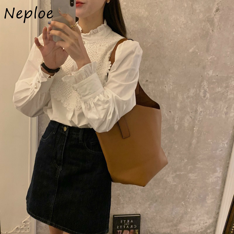 Korean Wooden Ear Lace Hook Flower Patch Elegant Blouse Women Stand Collar Long Sleeve Single Breast Blusas Slim Shirt 210422