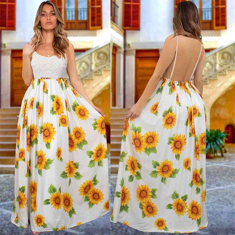 Elegant Women Boho Long Dress Summer Sexy Sling Lace Patchwork High Waist Beach Holiday Sundress Flower Printed Backless Dresses 210522