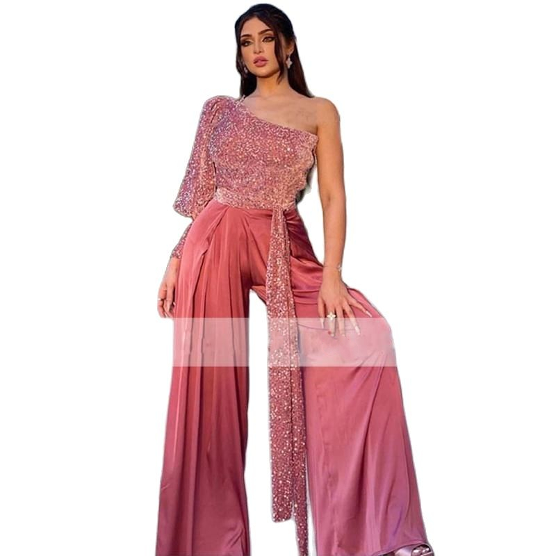 Causal Dusty Pink One Shoulder Jumpsuit Evening Dresses For Women 2022 Long Sleeve Sparkly Sequined Pant Suits Prom Dress Special Occasion Gowns Custo