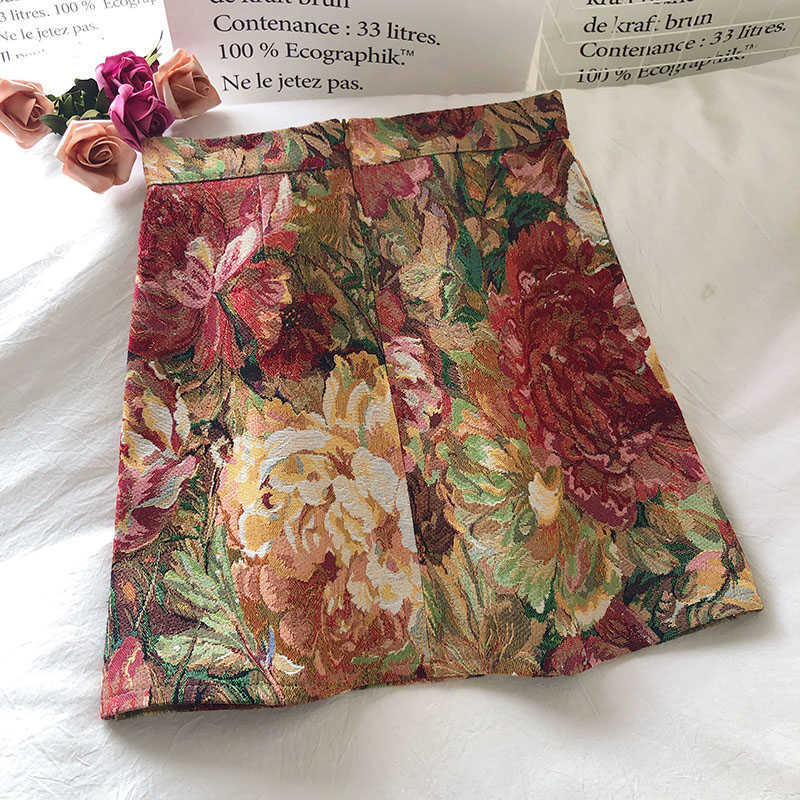 Autumn Korean-Style Elegant Temperament Painted Flowers High Waist Skirt Slim A- Line 210621