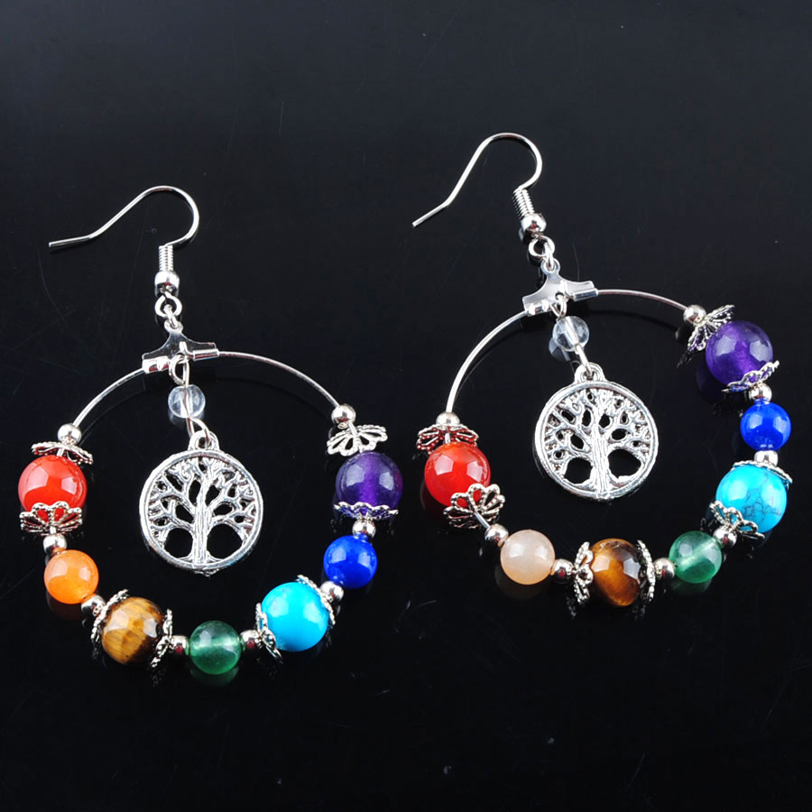 WOJIAER 7 Chakra Tree of Life Women Dangle Drop Earrings Natural Round Gem Stone Bead Reiki Healing Crystal Earring Bohemian Jewelry R3124