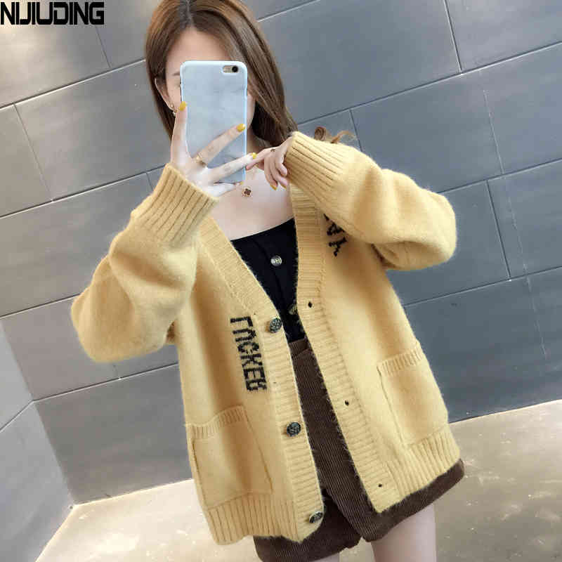 Knitted Cardigan Letter Jacquard Female Sweet Small Fresh Top V-neck Autumn Loose Korean Student Sweater Coat 210514