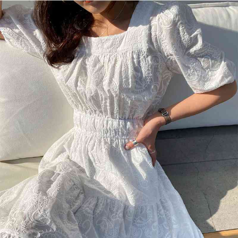 Nomikuma Korean Chic Slim Waist Woman Dress Puff Short Sleeve Square Collar Dresses Fashion Elegant A-line Vestidos Femme 6G343 210427
