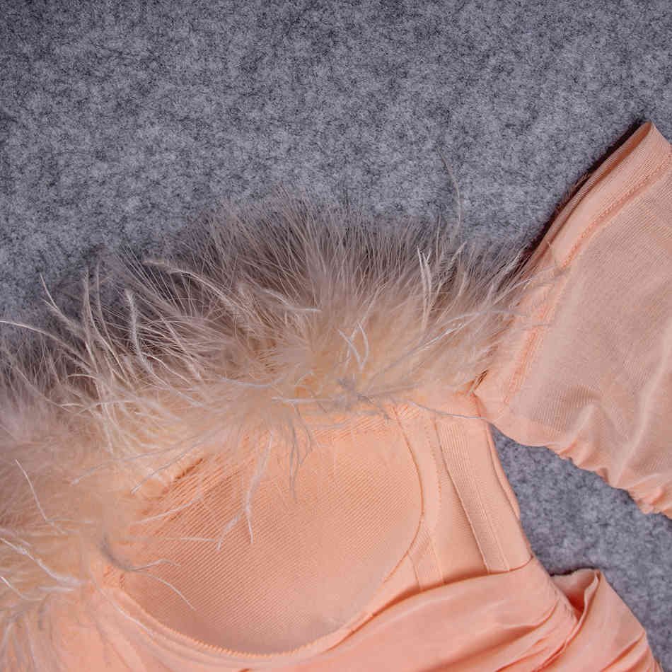 Free Fashion Bandage Bodysuit Feathers Strapless Off Shoulder Spring Long Sleeve Blush Women's 210524