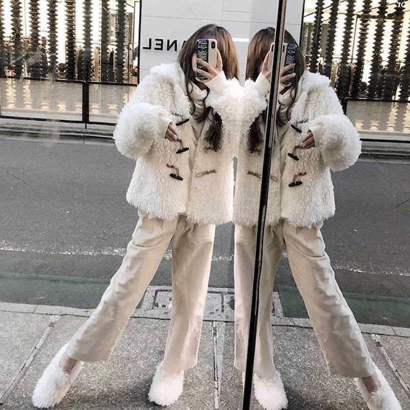 Faux fur coat thick plush jacket women tops lapel horn buckle Korean version autumn winter female lamb plus size ladies 210526