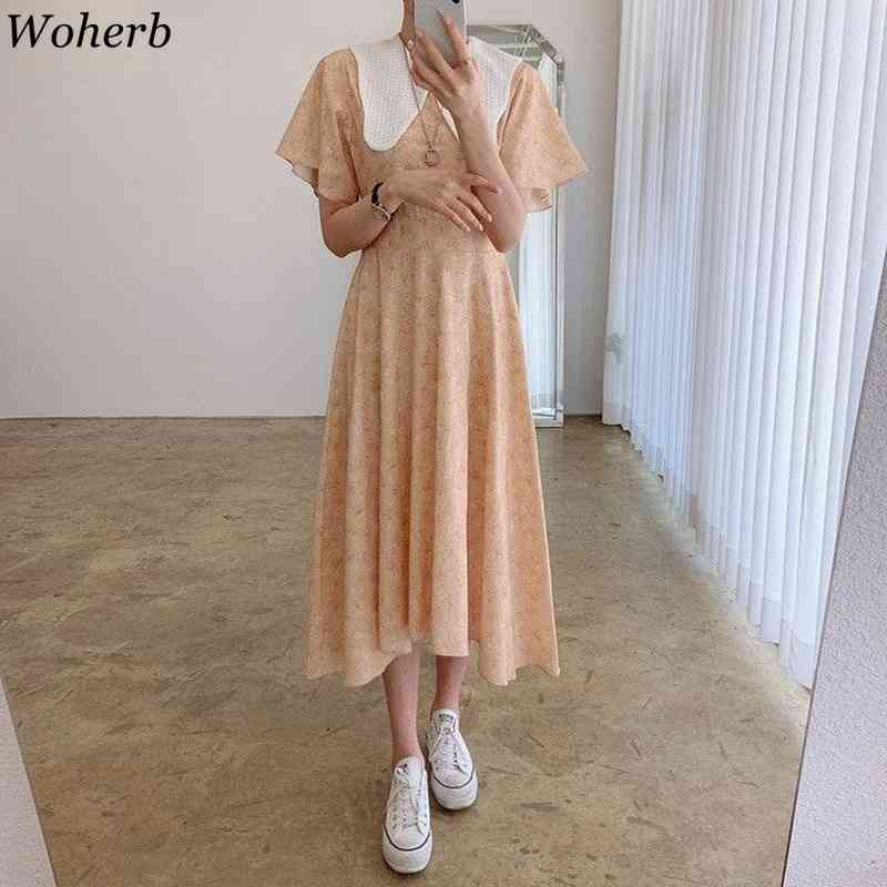 Summer Floral Print Korean Chic Style Peter Pan Collar Short Sleeve Ladies Dress Casual Long All Match Vestidos 210519