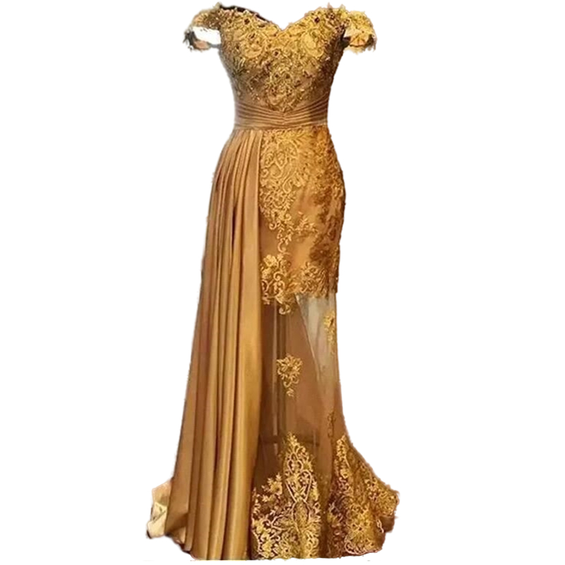 Elegant Gold Evening Formal Dresses Lace Applique Beaded Prom Dress Ruched Peplum Floor Length Off Shoulder Plus Size Special Occasion Party Gowns For