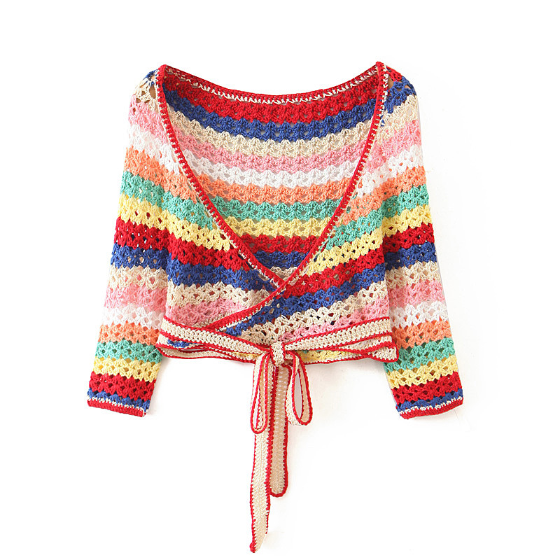 BOHO Lacing up Colored Striped Hand crochet Cardigan Sweater Women Bandage Mini Short Shorts Half Sleeve Tops 2 Pieces Set 210429