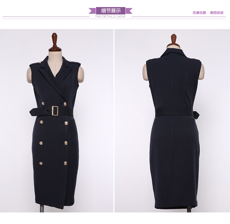 Elegant Double-Breasted Women Dress Office Ladies Sexy Sleeveless Notched Suit Jacket Blazer Bodycon Outwear With Belt 210506