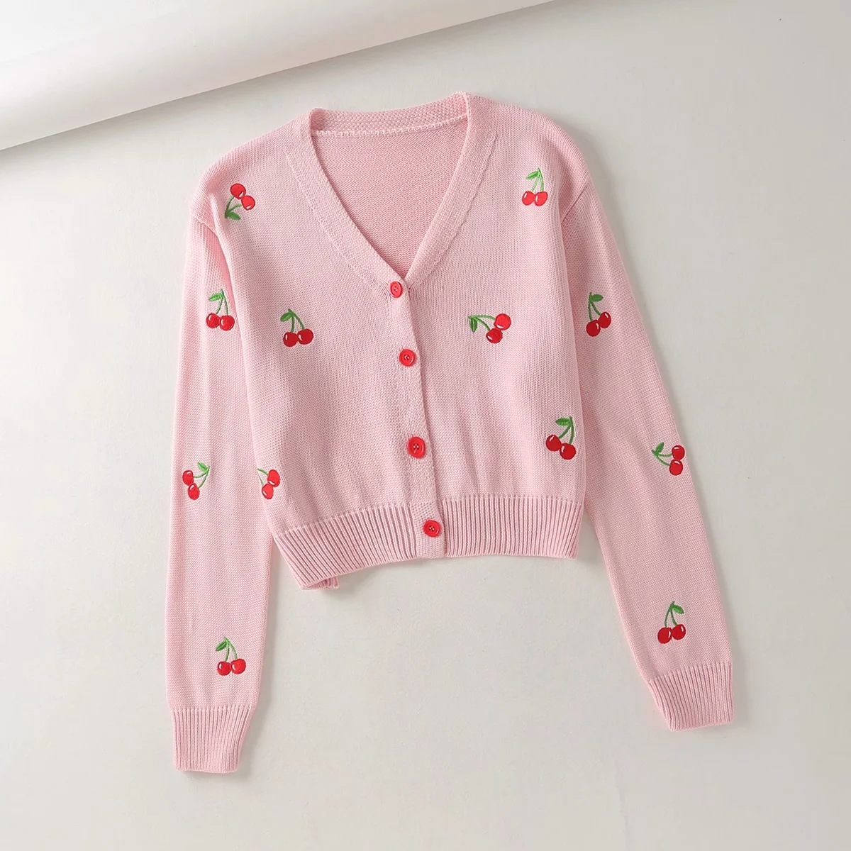 Cardigan Women's coat Winter Autumn Knitted Sweater V-neck Loose Cherry Embroidered knitted cardigan Jacket 210508