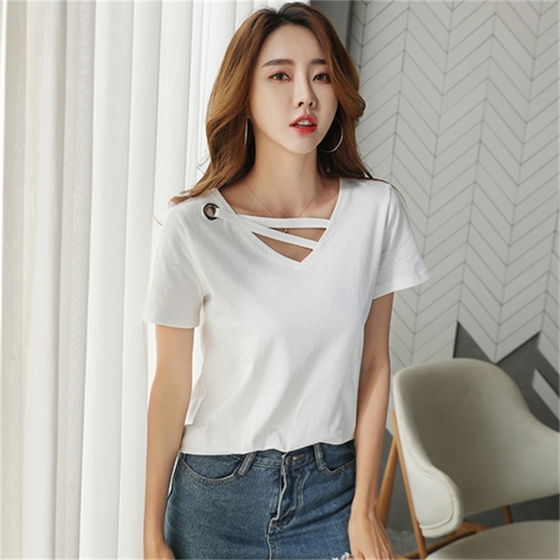 fashion women t-shirt casual summer tops v collar cotton t shirt short sleeve shirts white T-shirt s clothing 2573 50 210506