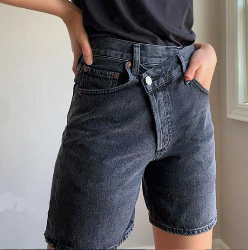 Asymmetric Waist Straight Leg Jeans Denim Shorts Womens Vintage High Waist fashion summer casual clothings 210611