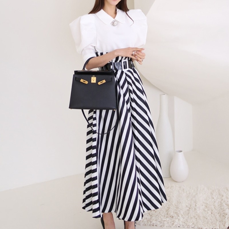 Summer Women Elegant 2-Piece Set Korean Temperament Sweet Puff Sleeve White Blouses + High Waist Big Swing Skirt Suit 210519