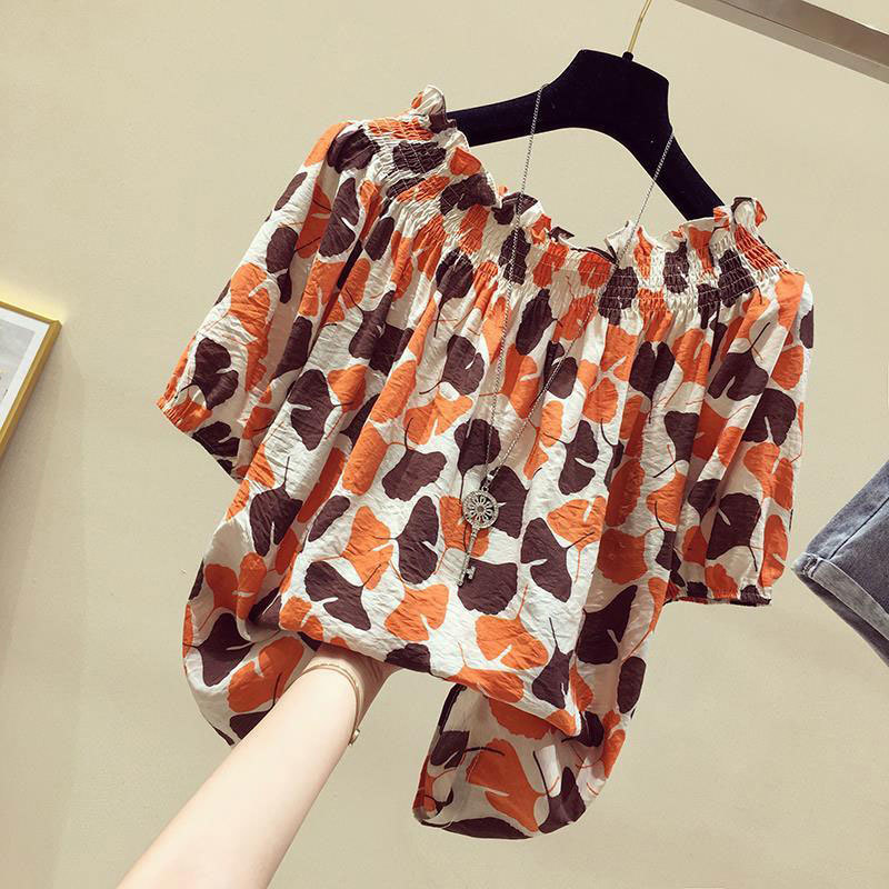 Korea Fashion Summer Women Shirt Plus Size Slash Neck Sexy Off Shoulder Short Sleeve Print Tops Loose Casual Blouse D20 210512