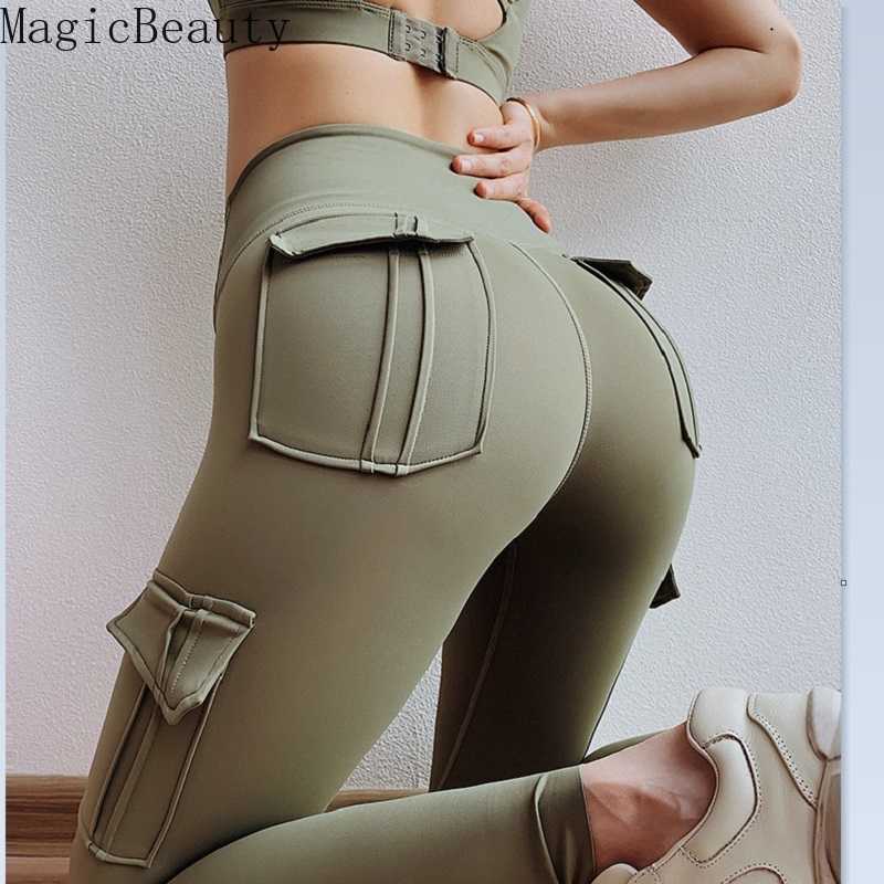 Women Elastic High Waist Fitness Gym Pockets Legging Solid Push Up Workout Cargo Pants 210820