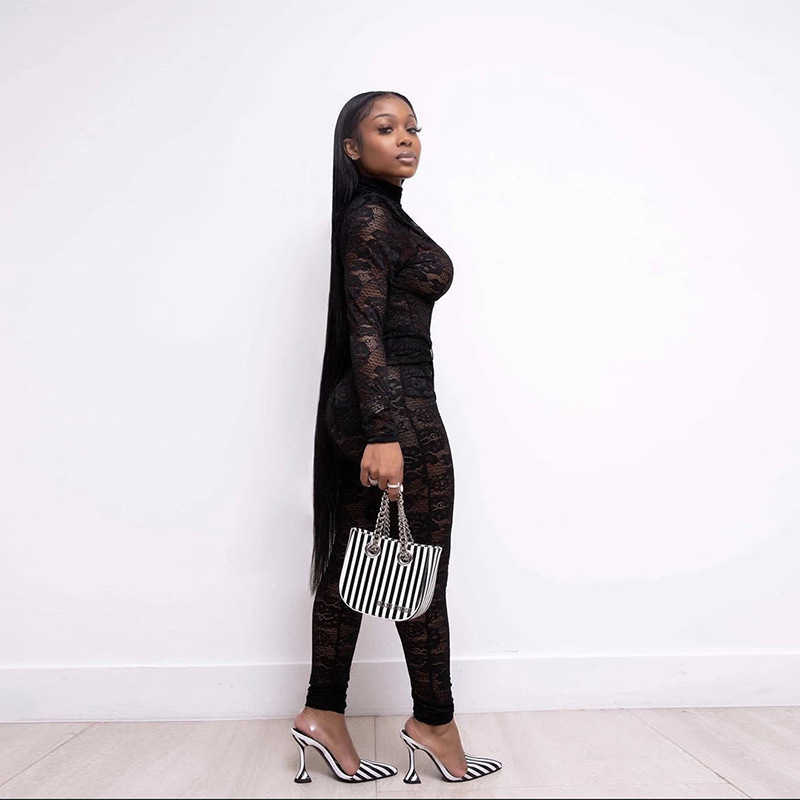 ANJAMANOR See Through Lace Sexy Club Two Piece Set Top and Pants New Products 2020 Party Bodycon 2pcs Sets Womens Outfits D37AF5 Y0625