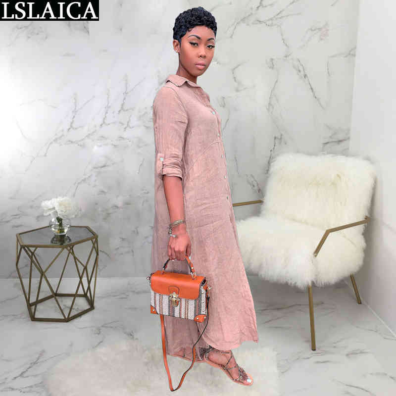 Woman Dress Long Sleeve Solid Loose Shirt Collar Summer Button Elegant Fashion es Women Streetwear Vestido De Mujer 210515